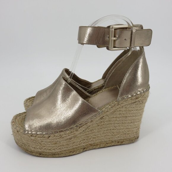 Marc Fisher ADALYN Women 7 M Metallic Gold Leather Espadrille Wedge Sandals - Picture 6 of 16